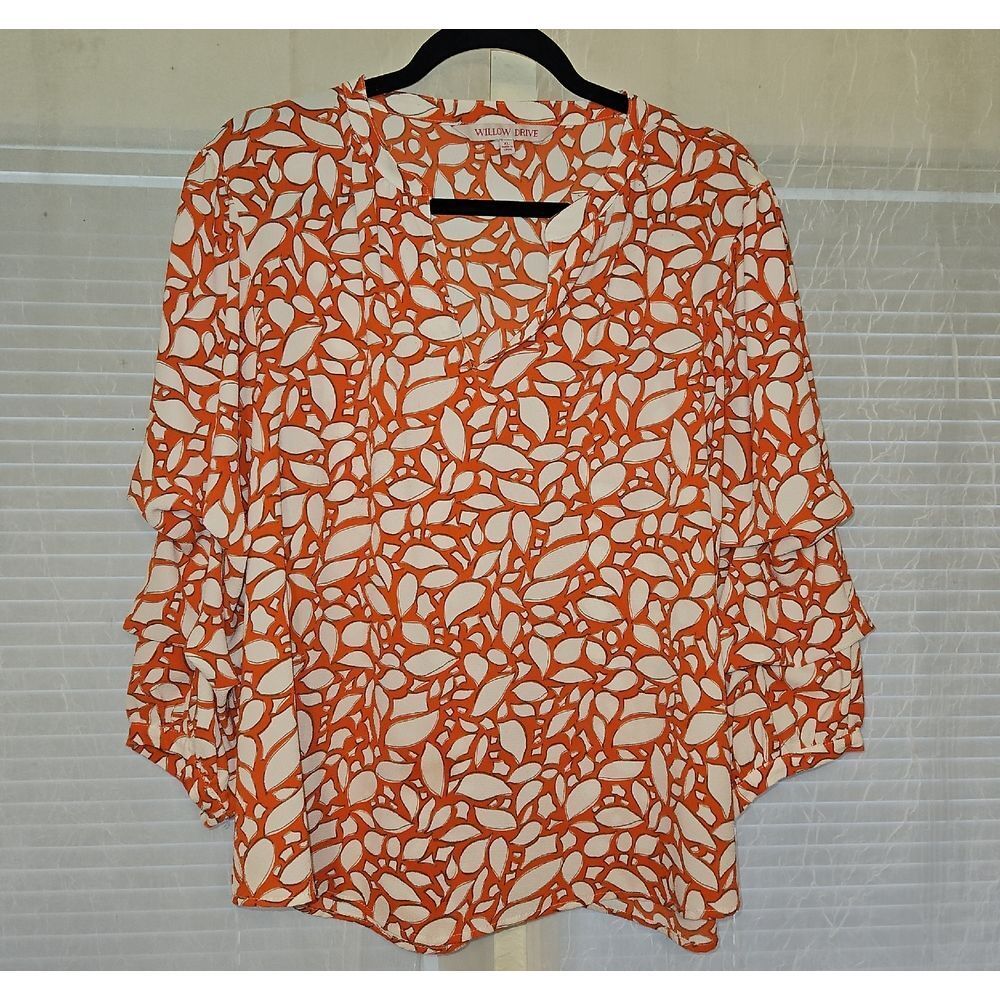 Willow Drive Split Neck Orange N Cream Leaf Print Top